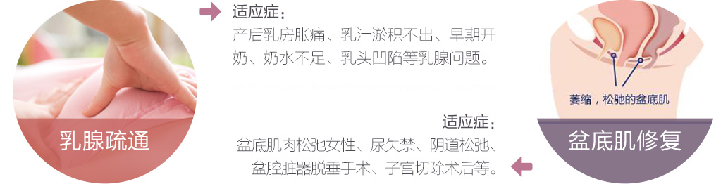 适应症 产后乳房胀痛 乳汁淤积不出 早期开奶 奶水不足 乳头凹陷等乳腺问题 适应症 盆底肌肉松弛女性 尿失禁 阴道松弛 盆腔脏器脱垂手术 子宫切除术后等