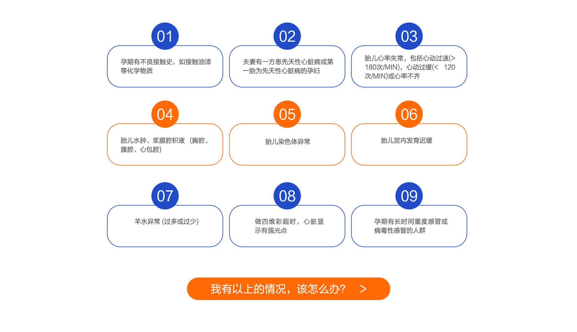 孕期有不良接触史，如接触油漆等化学物质 夫妻有一方患先天性心脏病或第一胎为先天性心脏病的孕妇 夫妻有一方患先天性心脏病或第一胎为先天性心脏病的孕妇